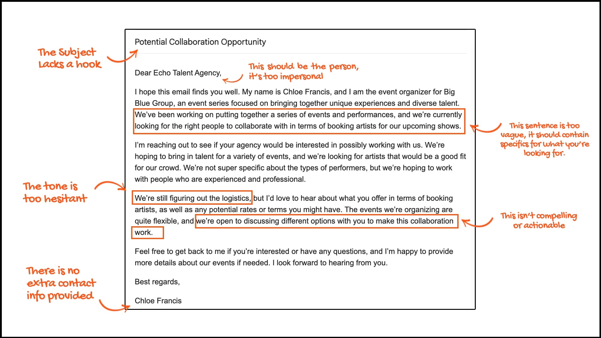 Example of a poor event collaboration email